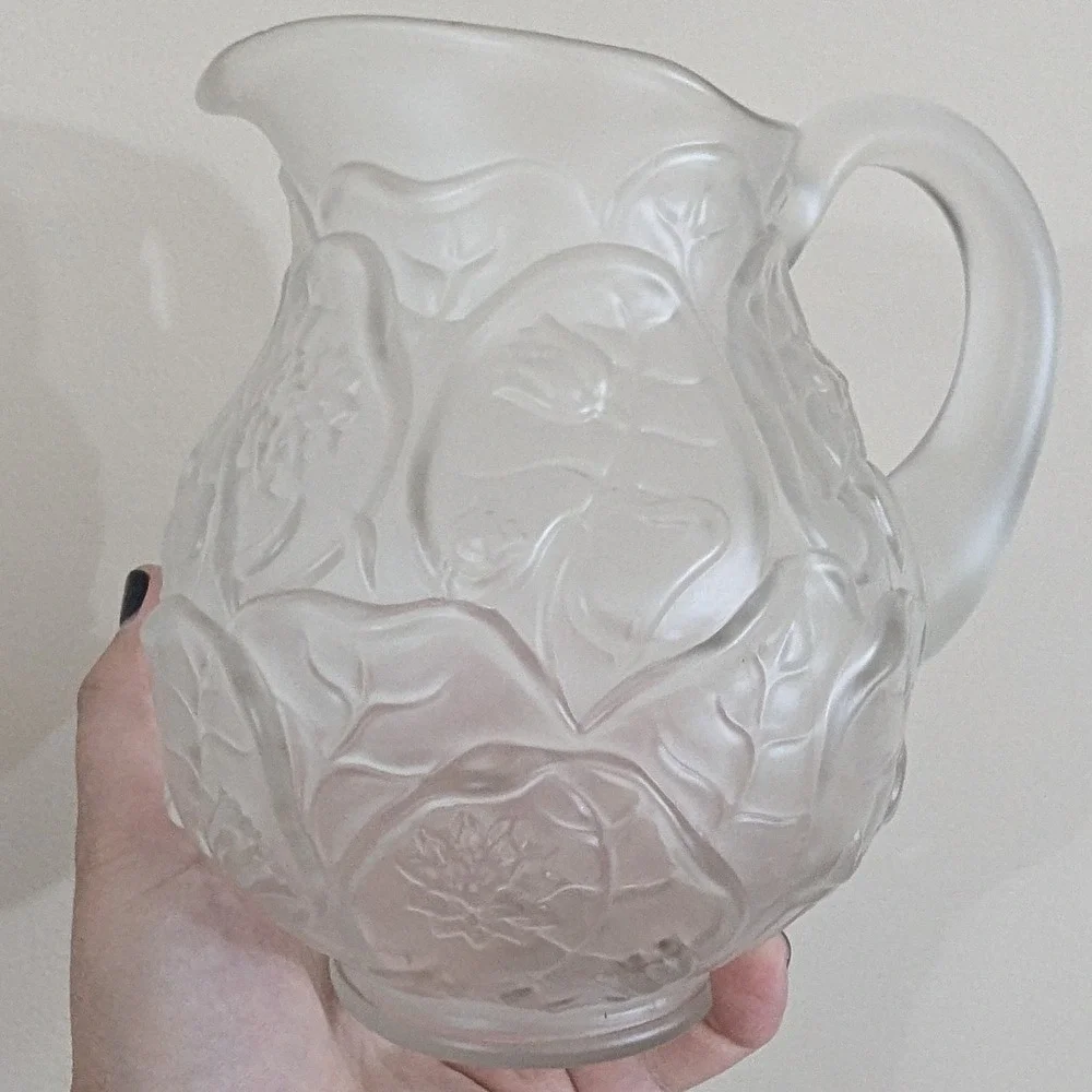 Vintage Frosted Glass Pitcher Floral Embossed Satin Glass Relief Design